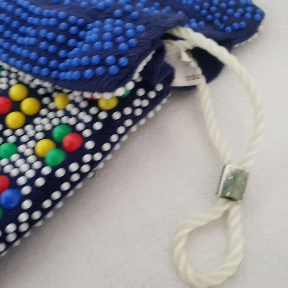 Vintage 70s Kitschy Candy Dot Bead Reversible Drawstring Satchel Bag